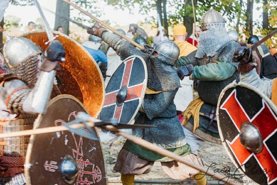Armored fighters clash shield to shield at Farm Wars