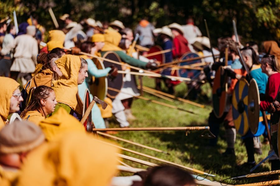Battle line at Farm Wars, gold-hooded fighters with spears raised